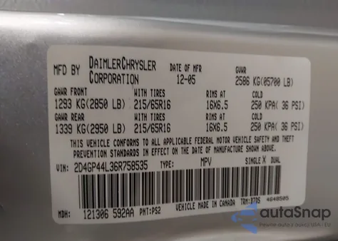 2006 Dodge Grand Caravan Sxt из США, поврежденный, VIN 2D4GP44L36R758535